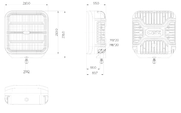 Reflektor dalekosiężny czarny OZZ SQR 9″+ ostrzegawcze  wymiary
