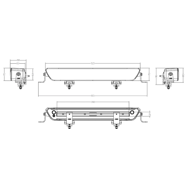 Rysunek techniczny belki OZZ HP P20: szerokość 601 mm z uchwytami, korpus 523 mm, wysokość 70 mm