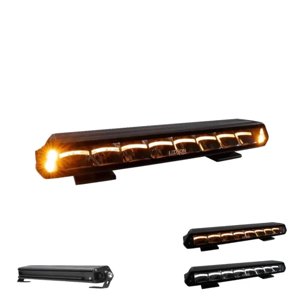 Lampa LED Ledson Epix14+ Prime Strobe 14″ 120W z włączonym żółto-pomarańczowym światłem pozycyjnym, i stroboskopem oraz widoczna z tylu