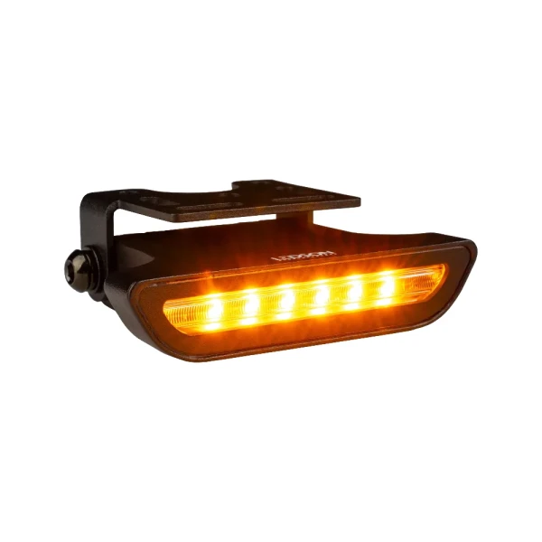 Lampa cofania i ostrzegawcza LED Nano R65 – świeci na pomarańczowo, czarna obudowa, białe tło