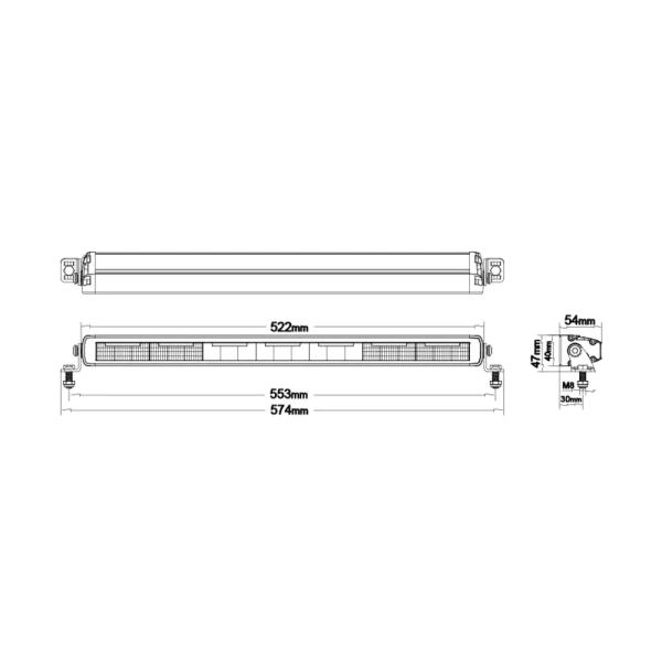 Rysunek techniczny z wymiarami LED bara LEDSON Phoenix+ 20" z uchwytami